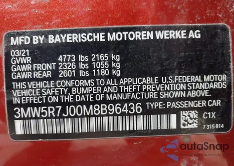 2021 BMW 330I xDrive z USA, uszkodzony, nr VIN 3MW5R7J00M8B96436